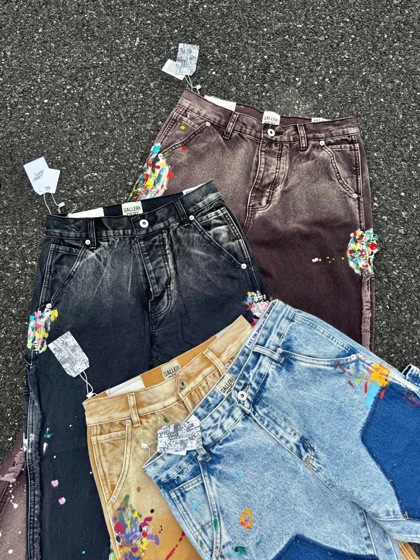 P250 (G95 black) (G90 burgundy) (G94 blue) (G91 khaki) GALLERY DEPT. Spliced ​​patchwork splash-ink denim flared pants washed and distressed spliced ​​jeans logging micro-flared jeans men and women same style Code number: 28 30 32 34 36
